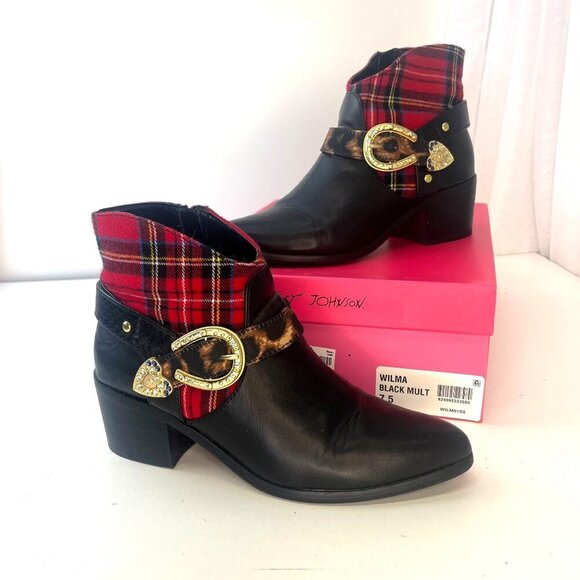 Betsey Johnson Wilma Black Plaid Booties Size 7.5 Ladies Eclectic Western Animal - Picture 1 of 12